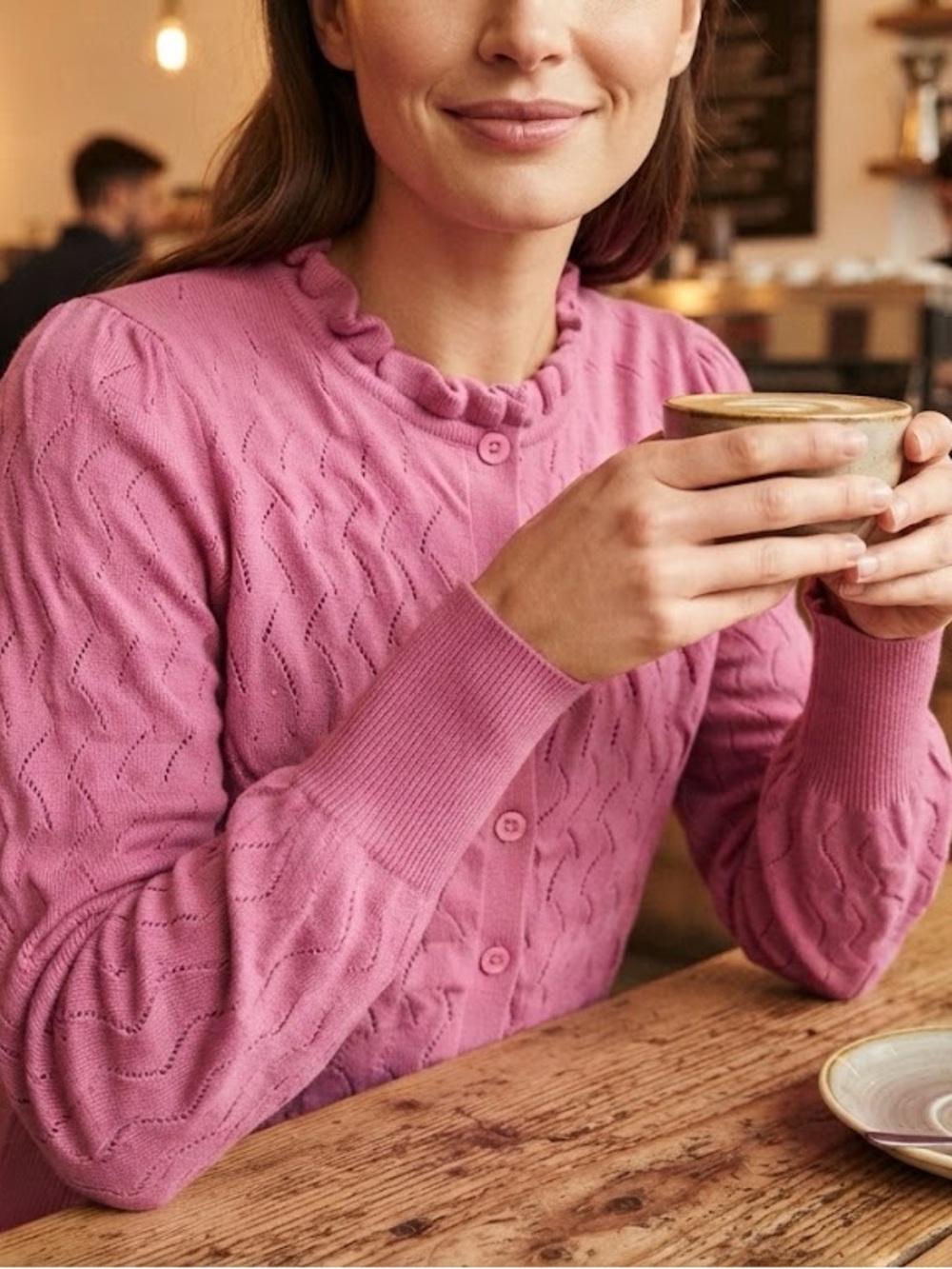 French Connection Raspberry Pink Textured Knit Button Up Cardigan Pullover - Picture 8 of 12